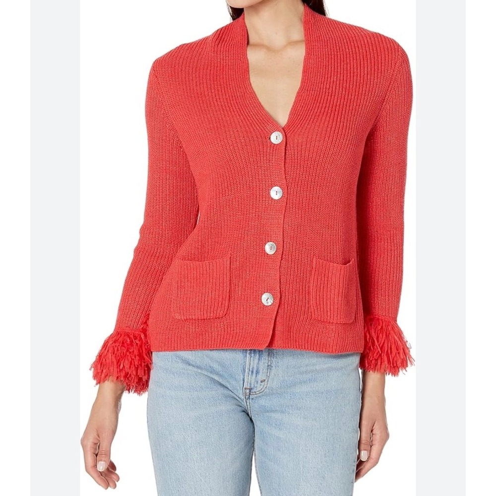 NIC+ZOE Red Ribbed Knit Fringe Cuff Night‎ fall Cardigan Sweater preppy 90s XL